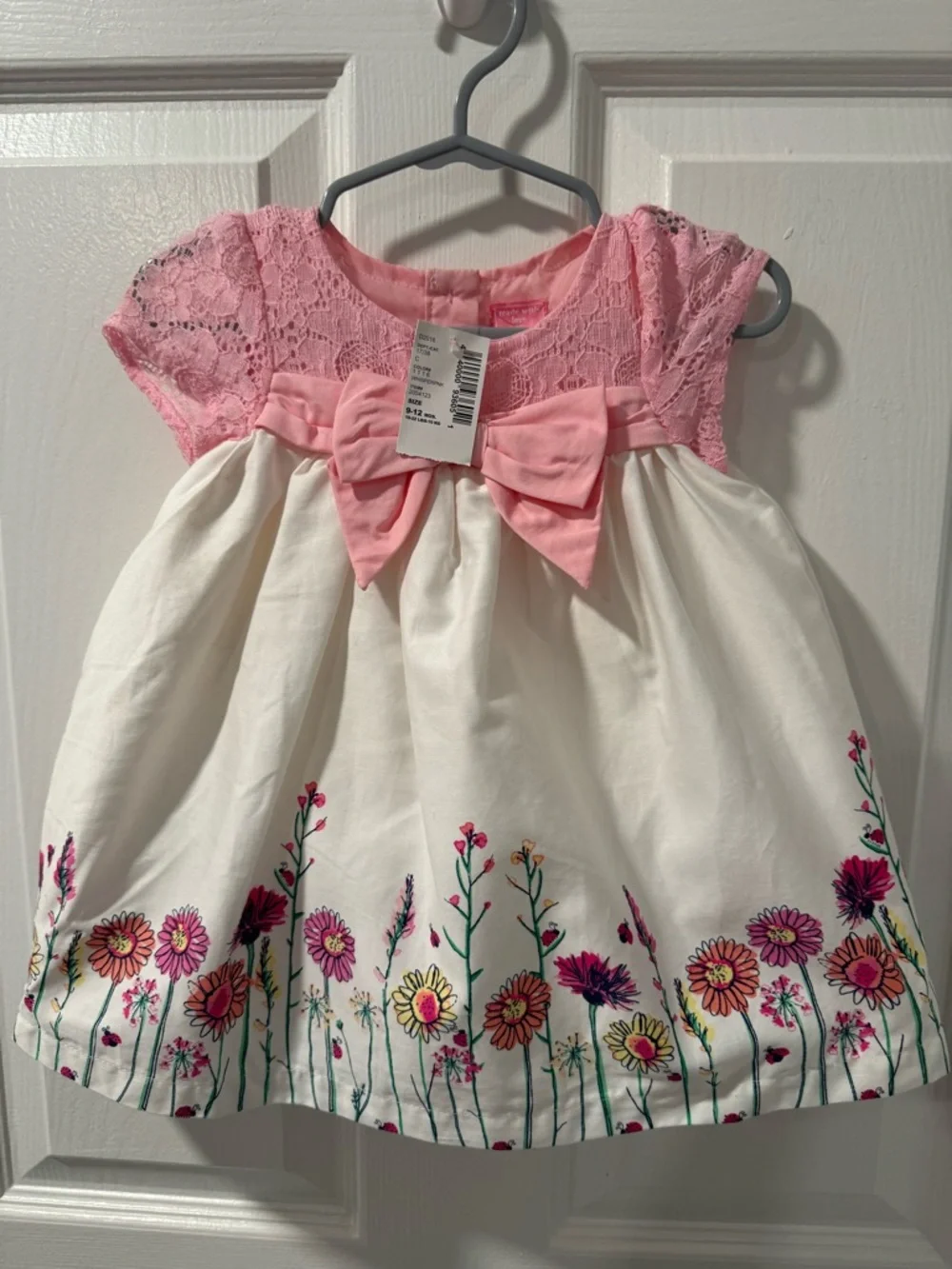 The Children's Place Pink Lace& Cream Dress with Floral Hem and Bow Accent 9/12 - Picture 2 of 4